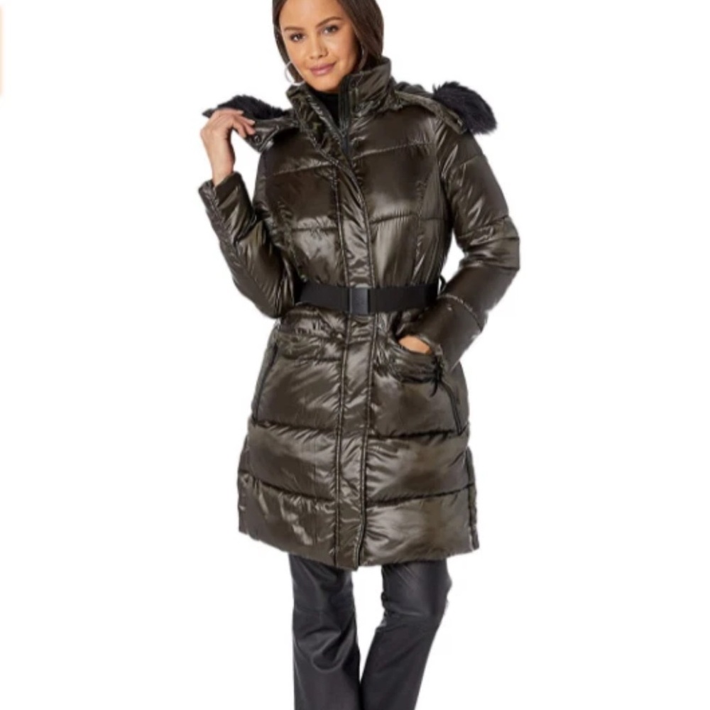 SAM EDELMAN Loden Insulated Puffer Winter Coat with Belt & Hood